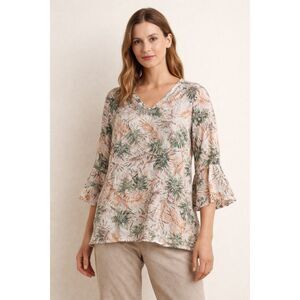 J Jill Love Linen Tropical Print Blouse Medium Bell Sleeve V Neck